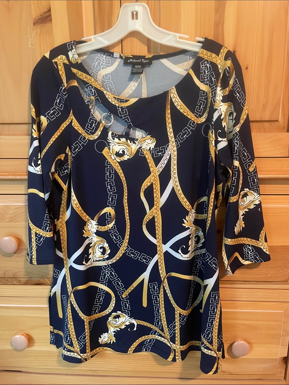 Michael Tyler Navy & Gold Chain-Print Women's Top